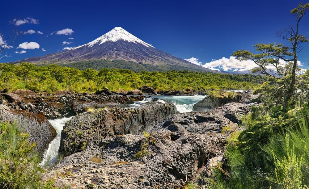 petrohue waterfalls in front of volcano osorno